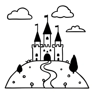 A dreamy illustration of a fairytale castle on a hill surrounded by clouds