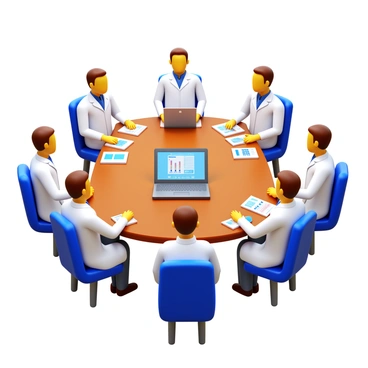 A group of doctors wearing white coats is gathered around a conference table. They are engaged in a discussion, with some holding notepads and pens. A laptop is open in front of one doctor displaying medical data. Medical charts and diagrams are visible on the table. The atmosphere is professional, and each doctor appears focused and engaged in the conversation.