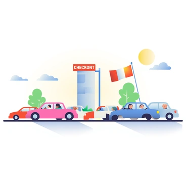 A border checkpoint is depicted with several vehicles lined up, waiting to cross between two states. There are cars of various colors, including red, blue, and white, with their drivers visible inside. In the background, a tall structure marked as the checkpoint is clearly visible. Two flags are flying prominently on either side of the checkpoint, one representing each state. The sky is clear, and the sun is shining brightly, casting shadows of the vehicles on the ground. A few trees are visible in the background, adding to the landscape.