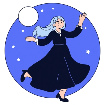 A witch with long flowing hair is dancing under a bright full moon in a clear night sky. She wears a long black dress that swirls elegantly around her as she moves. The moonlight casts a soft glow on her dress, highlighting its flowing fabric. Her arms are raised gracefully, and her expression is one of joy and freedom. Small stars twinkle in the dark sky around her, creating a magical atmosphere.