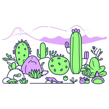 A vast arid landscape filled with various desert plants and animals. In the foreground, there are tall cacti with distinct spines and textured surfaces, alongside clusters of hardy succulents with fleshy leaves. Scattered between them, there are small flowering plants adding life to the ground. A few desert animals are present: a lizard basking on a sun-warmed rock, a small snake slithering through the sand, and a rabbit nibbling on some greenery. In the background, rolling dunes rise, creating a sense of depth, while a clear sky stretches above, contributing to the expansive feel of the desert environment.