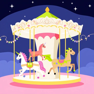 A carousel featuring a variety of mythical creatures as rides, including a majestic unicorn, a fierce dragon, and a graceful griffin. Each creature is intricately detailed with vibrant colors and unique patterns. The carousel structure is circular and decorated with ornate carvings. Surrounding the carousel, twinkling lights are strung overhead, illuminating the scene with a magical glow. The ground underneath is a soft, pastel-colored surface that enhances the enchanting atmosphere. The sky is a deep twilight blue, dotted with sparkling stars.