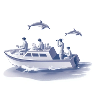 A boat is floating on a clear ocean. Several marine biologists are onboard, engaged in their research. One scientist is holding a notebook, jotting down observations, while another is using binoculars to observe dolphins in the distance. The dolphins are leaping gracefully out of the water, creating splashes. The boat is equipped with scientific instruments, such as a laptop and measuring tools. The ocean has gentle waves, and the sky above is clear, creating a bright atmosphere.