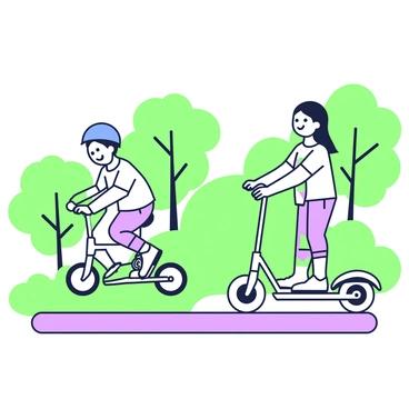 Two siblings are exploring a park together. One sibling is riding a balance bike, wearing a blue helmet and colorful knee pads, while the other is on a scooter, holding onto the handlebars with a bright smile. The balance bike is positioned to the left, with its wheels slightly elevated on the grass. In contrast, the scooter is to the right, with its deck reflecting the sunlight. Both siblings are dressed in casual summer attire, enjoying their time outdoors. Surrounding them are several trees, providing a shaded area, and a paved path where they are riding.
