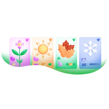 A modern pastel illustration featuring four seasonal icons arranged in a row. The spring icon shows a blooming flower with vibrant green leaves, the summer icon displays a shining sun with rays extending outward, the fall icon presents a cluster of colorful autumn leaves, and the winter icon depicts a snowflake. Each icon is accompanied by a rating symbol, such as a star or a thumbs-up, placed next to it. The icons are set against a soft background to enhance their visual appeal.