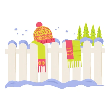 A snowy scene featuring a white fence blanketed in soft, fluffy snow. A knitted cloche hat with a pom-pom sits atop the fence, showcasing a rich pattern in warm shades of red and green. Beside it, a matching knitted scarf drapes elegantly over the fence, displaying the same vibrant colors and patterns. Flakes of snow gently fall around the scene, adding to the cozy winter atmosphere. The background hints at distant evergreen trees, their branches heavy with snow.