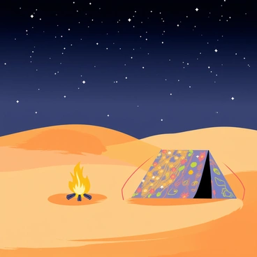 A vast expanse of sandy dunes under a starlit night sky filled with twinkling stars. In the foreground, a circle of glowing embers surrounds a campfire, casting warm orange light on the soft sand. A large, colorful tent with intricate patterns is pitched nearby, its fabric gently billowing in the night breeze. Shadows dance on the sand as the fire flickers, providing a cozy atmosphere in the serene desert. The surrounding dunes rise and fall like gentle waves, creating a picturesque backdrop.