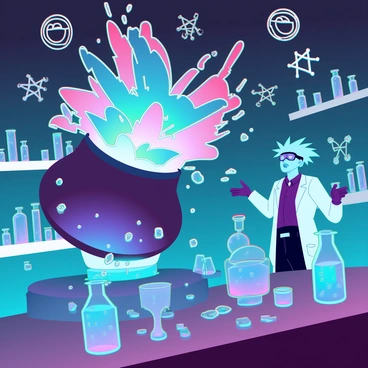 A chaotic alchemy laboratory filled with glass vials and bubbling potions. Colorful explosions of blue, red, and green erupt from a large, toppled cauldron in the center. Shards of glass and scattered ingredients like herbs and minerals litter the table, creating a sense of disarray. The walls are adorned with ancient alchemical symbols, glowing faintly from the energy of the failed experiment. A solitary figure, a scientist with wild hair and protective goggles, stands in shock amid the vibrant chaos.