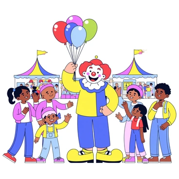 A cheerful clown with a bright red nose and a colorful outfit is performing at a fair. The clown has oversized shoes and brightly painted face makeup, smiling broadly. Surrounding the clown is a small crowd of children and families, all watching excitedly. The clown is holding a bunch of colorful balloons, including red, blue, yellow, and green ones, which are floating above. A few children are reaching out to grab the balloons, while others are giggling and pointing. In the background, there are colorful tents and carnival games adding to the festive atmosphere.