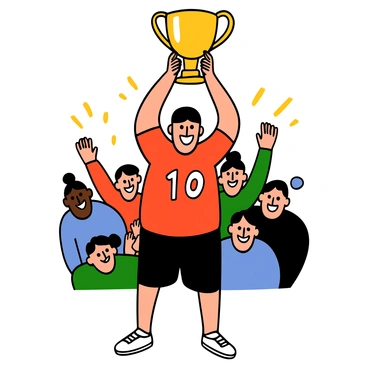 A man with light skin and short black hair is standing triumphantly, holding a shiny gold trophy above his head. He is wearing a red sports jersey with white numbers, black shorts, and white sneakers. His face is lit up with a big smile, showcasing his excitement. Around him, there are blurred figures of cheering spectators in the background, creating a lively atmosphere of celebration.