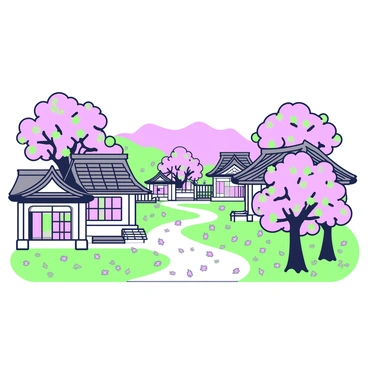A hanok village is depicted in autumn with traditional Korean houses. The ground is covered with a carpet of fallen leaves in various shades. Several hanoks are visible, showcasing curved roofs and wooden beams, with intricate details on the eaves. Cherry trees surround the village, their branches laden with vibrant leaves that are slowly falling. In the background, mountains rise, partially obscured by a gentle mist. A dirt pathway winds through the village, bordered by small stone walls, leading to a serene courtyard in the center.