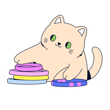 A cute cat with fluffy fur and bright green eyes is curiously pawing at a stack of colorful friendship bracelets. The bracelets are arranged neatly in a small pile, showcasing a variety of vibrant colors like pink, blue, and yellow. The cat's paw is lifted as it gently touches one of the bracelets, causing it to slightly tilt. The background is simple and unobtrusive, allowing the focus to be on the cat and the colorful accessories.