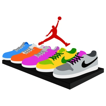 A vibrant display of colorful Air Jordan sneakers arranged neatly on a sleek black shelf. Each sneaker features distinct designs and bold color combinations, showcasing various models. In the background, there is a dynamic silhouette of "Michael Jordan" executing an iconic jump, with his arms outstretched and legs positioned as if soaring through the air. The silhouette is in a contrasting color to stand out against the sneakers, creating an energetic composition that highlights both the footwear and the basketball legend.