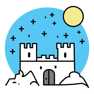 A strong stone fortress with thick walls and tall towers, standing firmly on a rocky hill. The fortress features a large wooden door and narrow windows. Above it, a starry night sky filled with bright, twinkling stars and a large, glowing moon illuminates the scene. The fortress casts a shadow on the ground below, creating contrast against the night sky.