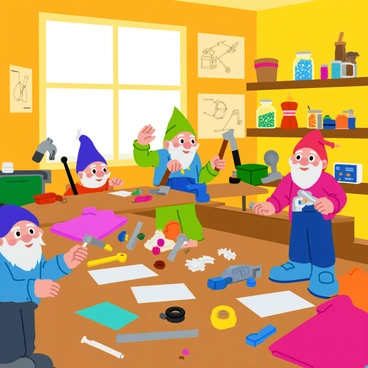 A bustling gnome workshop filled with intricate details. Tiny tools such as hammers, screwdrivers, and pliers are scattered across a wooden workbench. Colorful gadgets like miniature gears and cogs lay haphazardly amid vibrant fabrics and threads. Gnome figures, with pointed hats and cheerful expressions, are engaged in various tasks, such as hammering, sewing, and tinkering with gadgets. Shelves are lined with jars of shiny beads and small parts, while a large window allows warm light to stream into the lively scene. The walls are adorned with sketches of whimsical inventions and tiny blueprints.