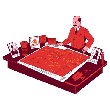 A red figure of a man resembling Stalin is standing behind a dark wooden desk, looking intently over a large, detailed map spread out in front of him. The map is filled with various markings, lines, and symbols indicating military strategies. Surrounding the man on the desk are various military insignia and medals arranged neatly. There are a few old photographs in silver frames placed on the desk, capturing moments of historical significance. The atmosphere is filled with a sense of vigilance and authority as the man studies the map.