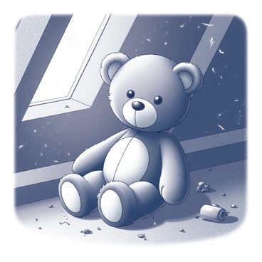 An old teddy bear with frayed fur and a slightly torn ear is sitting in a dusty corner of an attic. The bear has button eyes that reflect a sense of nostalgia. Surrounding the bear are cobwebs and a few scattered old toys, adding to the atmosphere of the attic. The wooden beams of the ceiling are visible, creating a sense of height and age in the space. Sunlight filters through a small, dirty window, casting faint light on the bear and the surrounding dust particles.