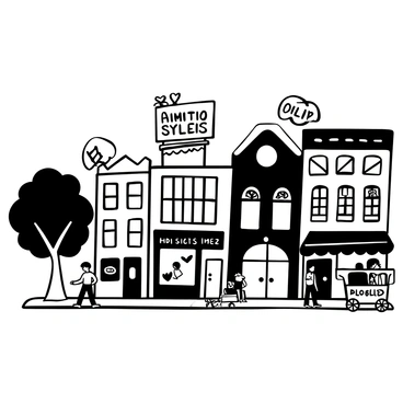A lively town scene filled with various buildings, each adorned with uniquely designed street signs and shop names. The signs feature imaginative lettering and playful designs, capturing the essence of the shops they represent. People are walking along the streets, some stopping to admire the artistic signage. Trees line the sidewalks, providing shade, and a few vendor carts are present, adding to the vibrant atmosphere of the town.