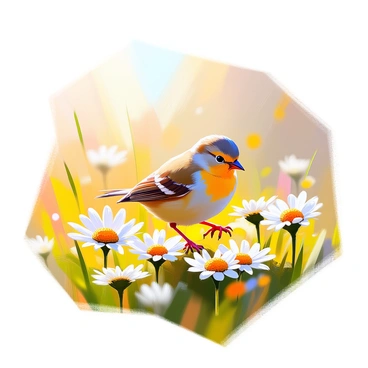 A small finch with bright yellow feathers is hopping through a sunlit meadow filled with white daisies. The meadow is vibrant with green grass swaying gently in the breeze. The sun casts a warm glow, illuminating the delicate petals of the daisies, creating a cheerful atmosphere. The finch is positioned near a cluster of daisies, its beak slightly open as if searching for seeds among the flowers. The scene captures the essence of a lively spring day.