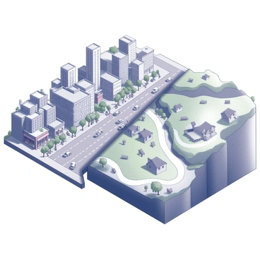 A detailed map illustration divided into two distinct halves. The left half depicts a bustling urban area with tall skyscrapers, busy streets filled with cars, and bustling pedestrians. Various shops and restaurants can be seen along the sidewalks, with outdoor seating areas and vibrant storefronts. The right half represents a peaceful countryside scene with rolling hills, farmland, and patches of trees. A winding dirt road runs through the countryside, bordered by green fields and grazing animals. Small farmhouses dot the landscape, contributing to the serene atmosphere. The transition between the urban and rural areas is gradual, showcasing the contrast between the two environments.