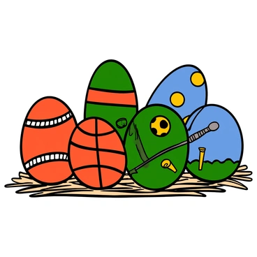 A collection of colorful Easter eggs, each uniquely decorated with designs featuring different sports and equipment. One egg has a bright red surface with white baseball stitching, representing baseball. Another egg is painted in vibrant green with a soccer ball pattern, showcasing soccer. A third egg is designed to resemble a basketball, with orange and black stripes. Nearby, an egg is illustrated with a tennis racket and yellow tennis balls on a blue background. Another egg features a golf ball and tee on a grassy green. Each egg is resting on a bed of straw, creating a festive Easter arrangement.