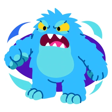 A colorful cartoon monster with bright blue fur and large, glaring yellow eyes. The monster has sharp teeth visible in its open mouth, which is expressing a furious snarl. Its body is round and fluffy, with oversized arms and claws. The background features swirls of vibrant colors, enhancing the monster's intense expression.