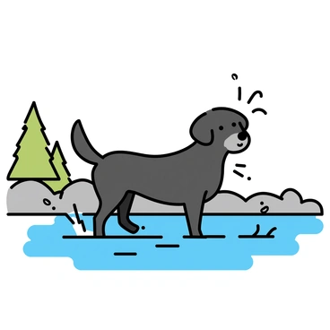 A black labrador dog is splashing in a shallow river, with water droplets flying around as it plays. The dog has a curious look on its face, tilting its head slightly to the side. The riverbanks are made of smooth stones, and the water is clear, reflecting the sunlight. The background features a few green trees, adding to the natural setting.