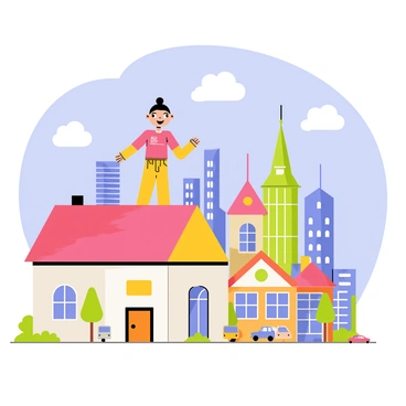 Polly Pocket is standing on a small, colorful rooftop, looking out over a detailed miniature city skyline. The skyline features tiny buildings of various shapes and colors, including skyscrapers with shiny windows and quaint houses with vibrant roofs. Polly is wearing a bright outfit and has a joyful expression on her face as she takes in the view. The sky above is a cheerful blue with fluffy clouds scattered throughout. Below, small trees and tiny streets with miniature vehicles can also be seen, completing the lively scene.