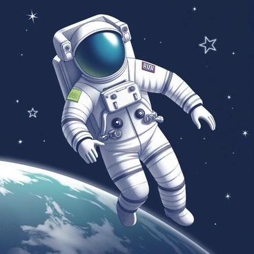An astronaut in a spacesuit is floating in the vastness of space. The astronaut's helmet reflects the blue and green hues of Earth visible in the background. Stars twinkle in the black expanse surrounding the astronaut. The spacesuit is detailed, featuring various patches and equipment attached to it. The Earth is partially illuminated, showcasing cloud patterns and the curvature of the planet. The scene conveys a sense of exploration and the vastness of the universe.