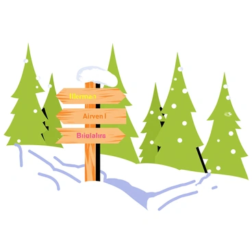 A wooden signpost with arrows pointing in different directions, indicating various locations of the ski biathlon trail. The signpost is partially covered in snow, blending with the white snowy ground. Tall evergreen trees surround the signpost, their branches heavy with fresh snow. A light snowfall is gently falling, creating a peaceful winter atmosphere. In the background, ski tracks can be seen leading off into the forest, hinting at the activity of skiers.