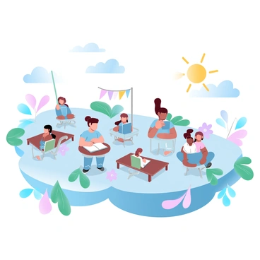 A floating island shaped like a school is suspended in the sky. It features several outdoor classrooms, each equipped with tables and chairs arranged in small groups. Students of various ages are engaged in learning activities, some are reading books, while others are working together on projects. Colorful flags and banners are displayed around the island, adding to the vibrant atmosphere. The sun shines brightly in the sky, illuminating the scene, and a few fluffy clouds drift lazily by. Lush greenery and flowers decorate the edges of the island, enhancing the educational environment.