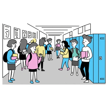 A busy school corridor filled with students. Groups of students are standing and chatting, some leaning against the bright blue lockers. The lockers are filled with books, with some books slightly open, showing colorful covers. Other students are walking through the corridor, some carrying backpacks, while others hold textbooks under their arms. The floor is tiled in a light gray, and there are posters on the walls promoting school events.