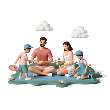 A family of four is sitting on a blue picnic blanket spread out over a lush green meadow adorned with colorful blooming flowers. The father, wearing a red t-shirt and khaki shorts, is smiling as he holds a sandwich. The mother, dressed in a white sundress with floral patterns, is pouring lemonade into cups. A boy, wearing a blue cap and green shorts, is playing with a red frisbee nearby, while a girl, in a pink t-shirt and denim overalls, is picking flowers. The sky above is clear with a few fluffy white clouds.