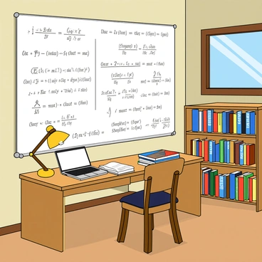 A large whiteboard dominates one wall of a cozy study room. The whiteboard is filled with various equations, including algebraic formulas, geometric shapes, and intricate diagrams, all written in black and colorful markers. The room features a wooden desk cluttered with books, notebooks, and a laptop, alongside a bright desk lamp illuminating the workspace. A comfortable chair with a cushion is positioned in front of the desk. Shelves filled with more books line the walls, and a window nearby allows natural light to pour in, casting soft shadows across the room.
