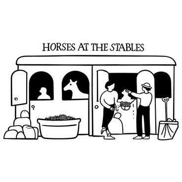 A sunny day at the stables with several horses standing in their stalls. Each horse is being fed hay from a large trough. A person in a hat is gently brushing one of the horses, while another is filling a water bucket nearby. Sunlight filters through the open doors of the stable, casting shadows on the ground. There are bales of hay stacked in the corner and a pitchfork resting against the wall. "Horses at the stables" is written above the scene.