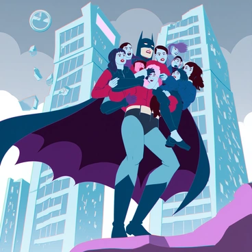Batman, with a dark cape flowing behind him, is heroically lifting a group of citizens in his strong arms. The citizens, a diverse mix of men, women, and children, display expressions of fear and relief. The background features a crumbling skyscraper with debris falling around them, creating a chaotic scene. Bright flashes of emergency lights reflect off the building's glass, while clouds of dust swirl in the air, accentuating the urgency of the moment. Batman's intense gaze is focused ahead, showcasing his determination to protect those in peril. The sky is overcast, hinting at an impending storm, adding to the dramatic tension of the rescue mission.