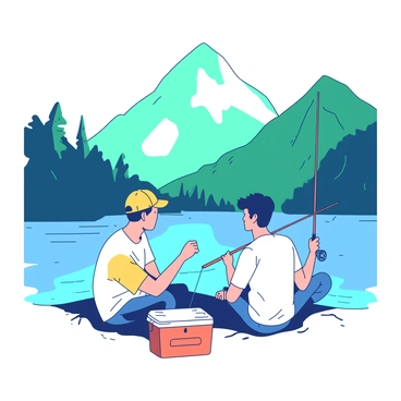 Two friends are sitting at the edge of a clear blue lake, holding fishing rods and looking attentively at the water. One friend is wearing a yellow cap and a matching t-shirt, while the other is dressed in a white shirt and blue jeans. In the background, there are tall green mountains rising majestically, partially covered in patches of white snow. The surface of the lake reflects the colors of the surroundings, creating a dynamic visual. The friends have a small orange cooler between them, and the scene conveys a sense of camaraderie as they share this moment together.
