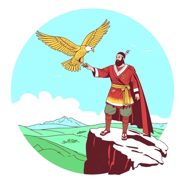 A regal figure representing "Genghis Khan" stands atop a rugged cliff, dressed in a detailed historical outfit featuring intricate patterns. In his outstretched hand, he holds a majestic golden eagle, its feathers shimmering in the sunlight. The eagle is poised to take flight, wings spread wide, ready to soar into the clear blue sky. Below, a vast landscape stretches out, with rolling green hills and distant mountains visible. The atmosphere conveys a powerful sense of liberation as the eagle ascends into the air, embodying the concept of freedom.