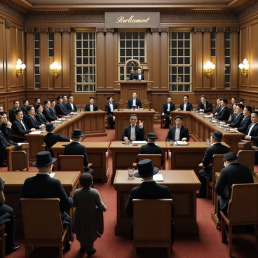 A historical session of Parliament taking place in the early 20th century. The room is filled with wooden benches and a large, ornate table at the front. Men in vintage three-piece suits with waistcoats and hats are seated, engaged in animated discussions. Women in elegant dresses with high collars and wide-brimmed hats are present, some taking notes on paper. The ornate architecture features tall windows and intricate moldings, with gas lamps illuminating the scene. A banner with the word "Parliament" is prominently displayed at the front.