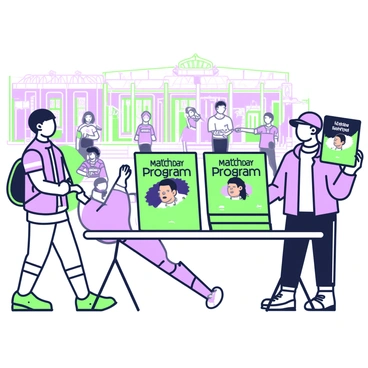 A match day program is displayed on a folding table outside Old Trafford. The program features a green cover with bold graphics and large text that states "Match Day Program" at the top. Several copies are neatly stacked on the table, showcasing images of players in action. Beside the table, a vendor wearing a cap and a jacket is holding one of the programs up for potential buyers. In the background, the iconic structure of Old Trafford is visible, with fans wearing team jerseys walking past. The scene is lively with some fans stopping to look at the programs while others chat excitedly.