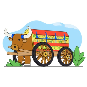 A large oxcart with vibrant colors and intricate patterns is positioned in the center of the image. The cart features decorative designs in shades of red, blue, yellow, and green, showcasing traditional Costa Rican motifs. Large wooden wheels with detailed carvings are prominently displayed. The background includes a simple setting that highlights the oxcart as a symbol of Costa Rican heritage, with a few tropical plants and a bright blue sky making the scene lively.