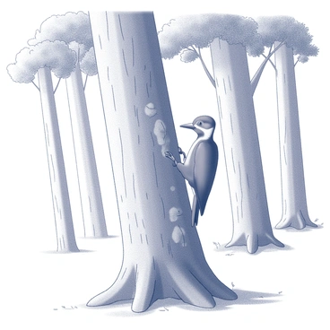 A woodpecker in profile, actively pecking at a tree trunk with its beak. The tree trunk is textured with rough bark, showcasing the deep grooves created by the woodpecker's work. Surrounding the tree are various tall trees, their trunks rising into a thick canopy overhead. The forest floor is littered with fallen leaves and small branches, indicating a vibrant ecosystem. The woodpecker's posture is upright and focused, embodying determination as it hammers away at the bark.