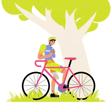 A cyclist wearing a colorful jersey and shorts sits on a patch of grass, taking a break under a large green tree. The bike, a sleek design in bright colors, leans against the trunk of the tree. A shiny helmet rests on the bike's seat, and a water bottle is clipped to the bike frame. Sunlight filters through the leaves, creating dappled shadows on the ground. The cyclist is sipping from a water bottle, looking relaxed and refreshed.