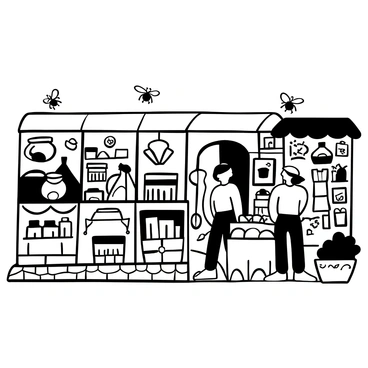 A bustling marketplace filled with various stalls. One stall displays jars of honey in a neat row, with labels featuring bees. Another stall offers colorful bee-themed goods, such as decorative items and small toys shaped like bees. Shoppers are seen interacting with the vendors, examining the products. There are also bees depicted flying around, adding to the lively atmosphere. The ground is paved with cobblestones, and the scene is framed by a clear sky above.