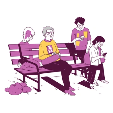 An elderly person with gray hair and glasses is holding a shiny gold book close to their chest. They are seated on a park bench, looking content. Surrounding them are several younger people, each focused on their smartphones. One young person is leaning against the bench, while another is sitting cross-legged on the grass. A third young individual stands nearby, glancing at their phone. The contrast between the elderly person and the younger crowd emphasizes the generational divide.