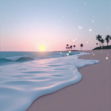 A tranquil beach scene at dusk. The sun is setting on the horizon, casting soft orange and pink hues across the sky. Gentle waves are lapping at the sandy shore, creating a rhythmic sound as they break. Fireflies are hovering above the water, their tiny lights sparkling against the fading light of the day. Silhouettes of distant palm trees line the beach, adding to the serene atmosphere. The soft glow of the fireflies contrasts with the deepening blue of the twilight sky.