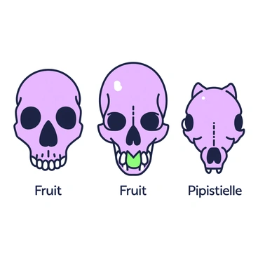 An illustration compares the skull of a vampire bat next to the skulls of two other bat species. The vampire bat skull is at the center, showcasing its distinct features, including elongated canines and a flattened shape. On the left, there is the skull of a fruit bat, characterized by its larger size and broad jaw. On the right, there is the skull of a pipistrelle bat, which is smaller and has a more delicate structure. The three skulls are aligned horizontally, with labels underneath each skull identifying the species. The background is minimal to emphasize the details of the skulls.