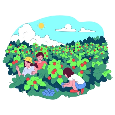 A vibrant field of berry bushes filled with lush green leaves. On the left, a group of people, including a man and a woman, are happily picking red strawberries from the bushes. The man is wearing a yellow hat, and the woman is wearing a white shirt. On the right, a child is crouched down, carefully picking blue blueberries. The sky above is bright and clear, showcasing a warm sun shining down on the cheerful scene.