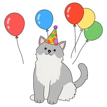 A fluffy cat with soft fur in a mix of white and grey shades is sitting comfortably. The cat is wearing a colorful party hat adorned with bright patterns and a small pom-pom at the tip. Surrounding the cat are several balloons in various colors including red, blue, yellow, and green. Each balloon is round and floating in the air, some are tied to strings that dangle playfully. The scene conveys a festive atmosphere, emphasizing the cat's curious expression as it looks at the balloons.