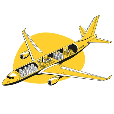 A detailed cutaway illustration of a Boeing 727 showing the aircraft's inner components. The cutaway reveals sections of the fuselage, including the cockpit, passenger cabin, cargo hold, and the engine compartments. Inside the cockpit, various control panels and instrumentation are visible. The passenger cabin features rows of seats, overhead bins, and emergency exits. The cargo hold contains luggage and equipment. The three engines are shown mounted on the rear, with visible fuel lines and mechanisms. The wings are cut away to reveal the internal structure and fuel tanks.